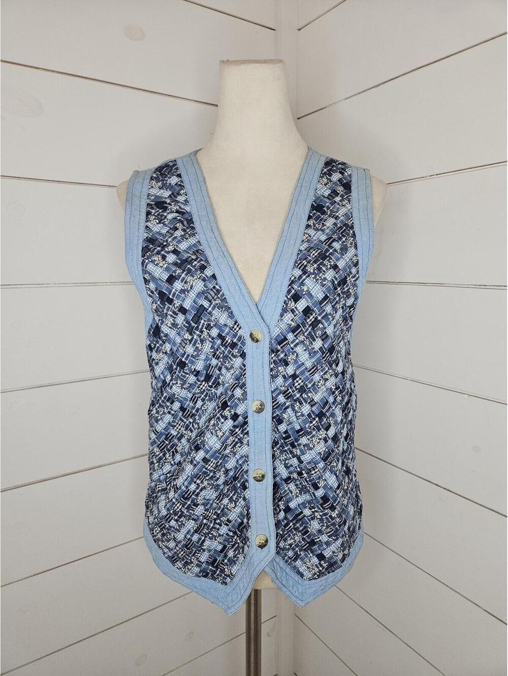 Vintage Casey & Max large blue cotton basket weave quilted vest